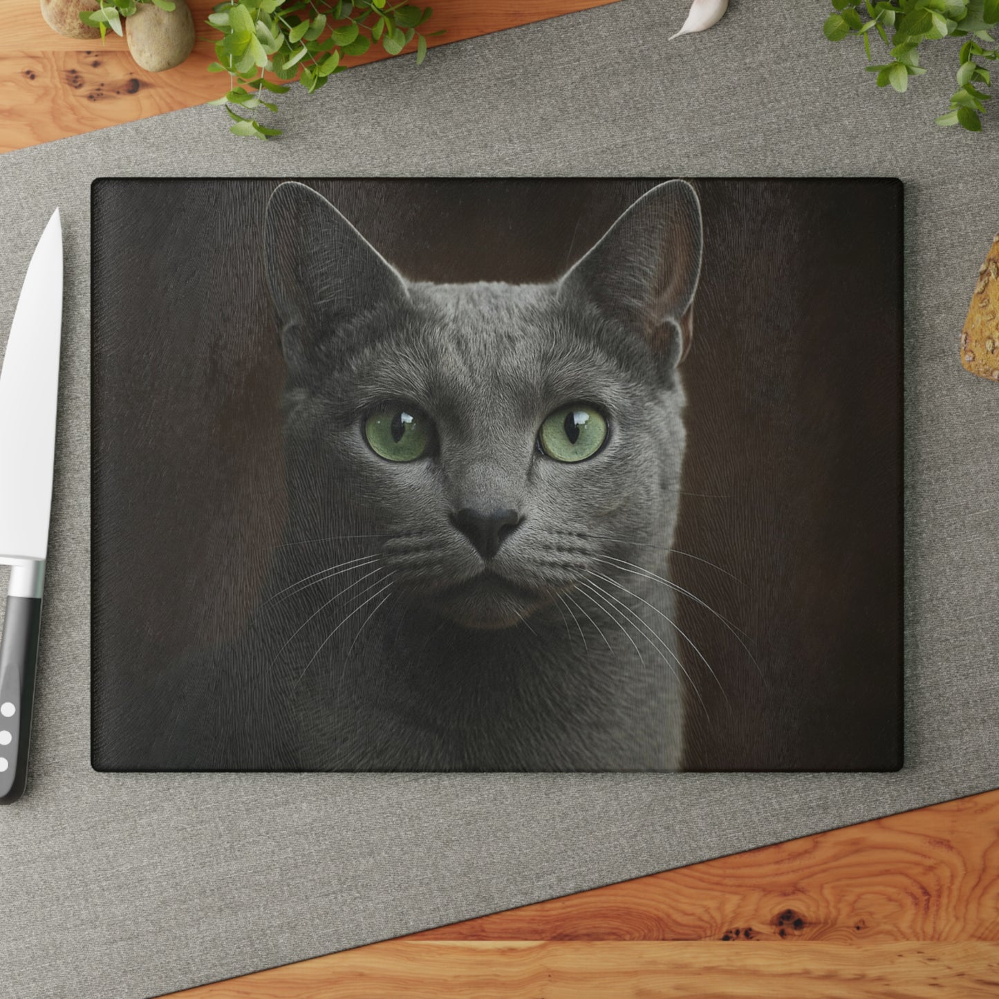 Russian Blue Cat Glass Cutting Board — Decorative Kitchen Cutting Board with Green-Eyed Cat Portrait