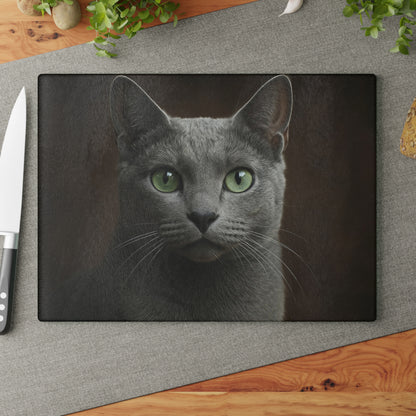 Russian Blue Cat Glass Cutting Board — Decorative Kitchen Cutting Board with Green-Eyed Cat Portrait