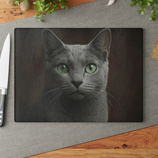 Russian Blue Cat Glass Cutting Board — Decorative Kitchen Cutting Board with Green-Eyed Cat Portrait