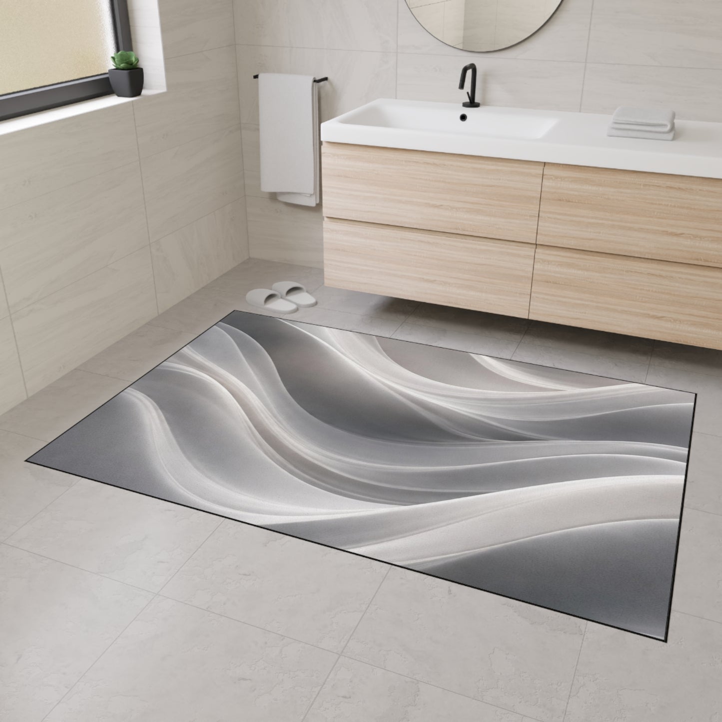 Abstract gray wave floor mat by Printify, modern non-slip entryway rug with contemporary wave design for home decor.
