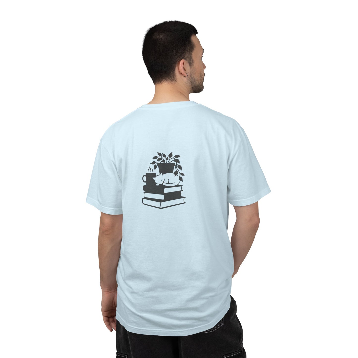 Cozy Cat on Books T-Shirt | Reading Tea Stack Illustration
