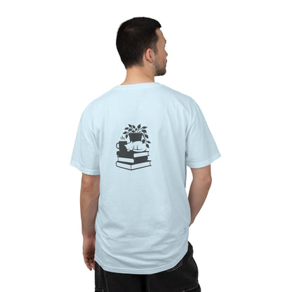 Cozy Cat on Books T-Shirt | Reading Tea Stack Illustration