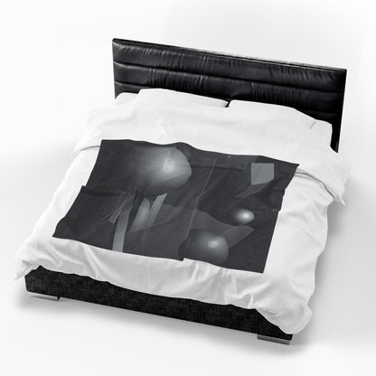 Velveteen plush blanket with 3D geometric spheres and abstract cube design in all-over print by Printify.