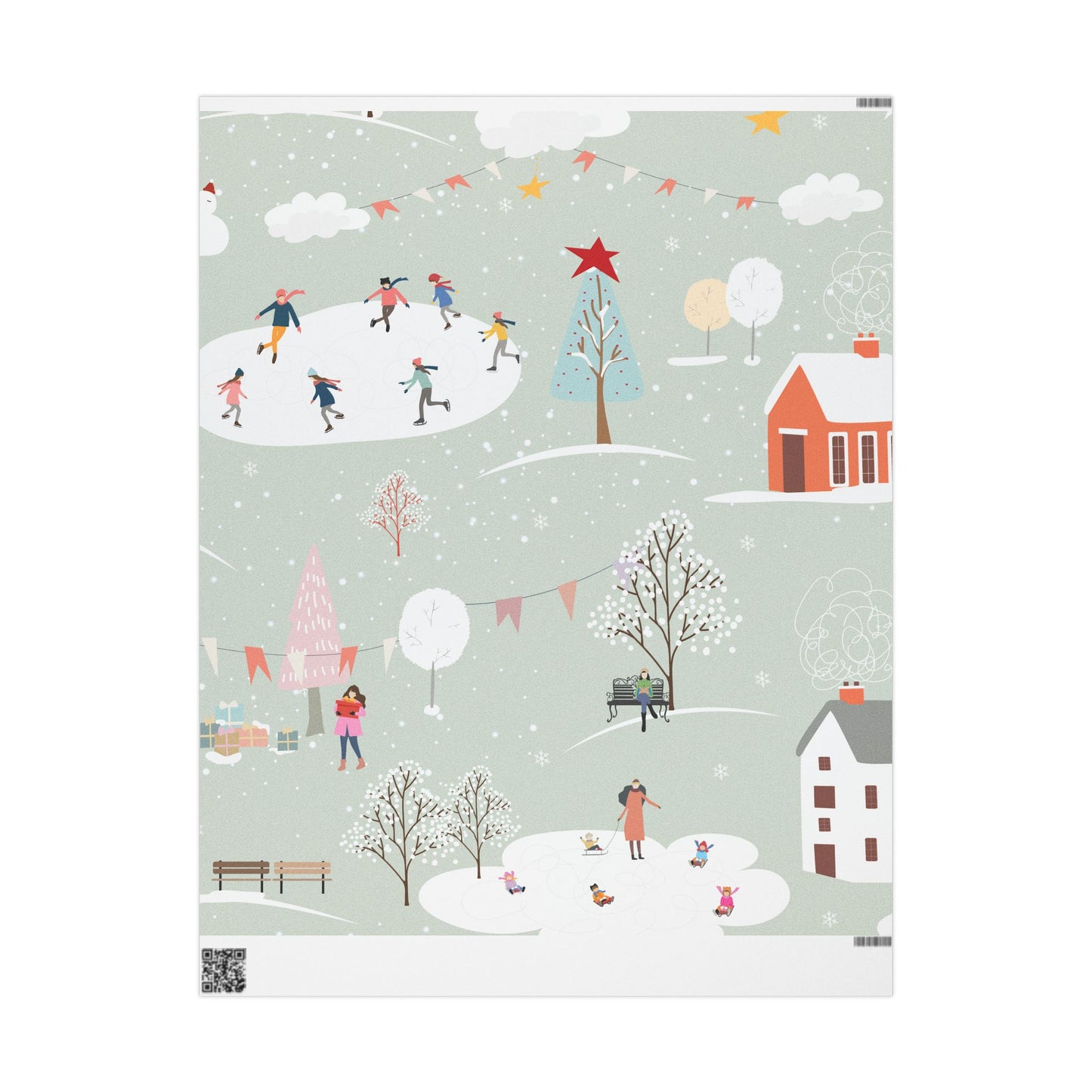 Winter Village Pattern Wrapping Paper | Holiday Snow Scene Roll