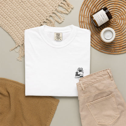 Cozy Cat on Books T-Shirt | Reading Tea Stack Illustration