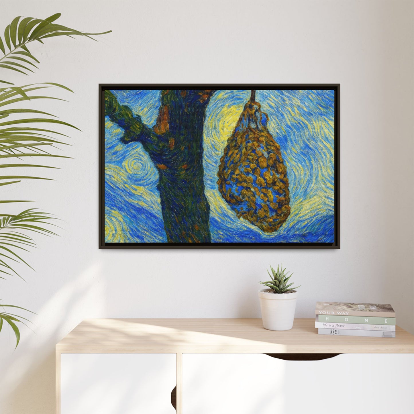 Framed Matte Canvas Art — Van Gogh-Style Swirling Night with Hanging Beehive