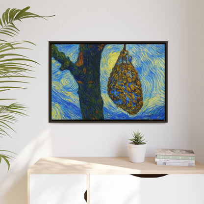 Framed Matte Canvas Art — Van Gogh-Style Swirling Night with Hanging Beehive