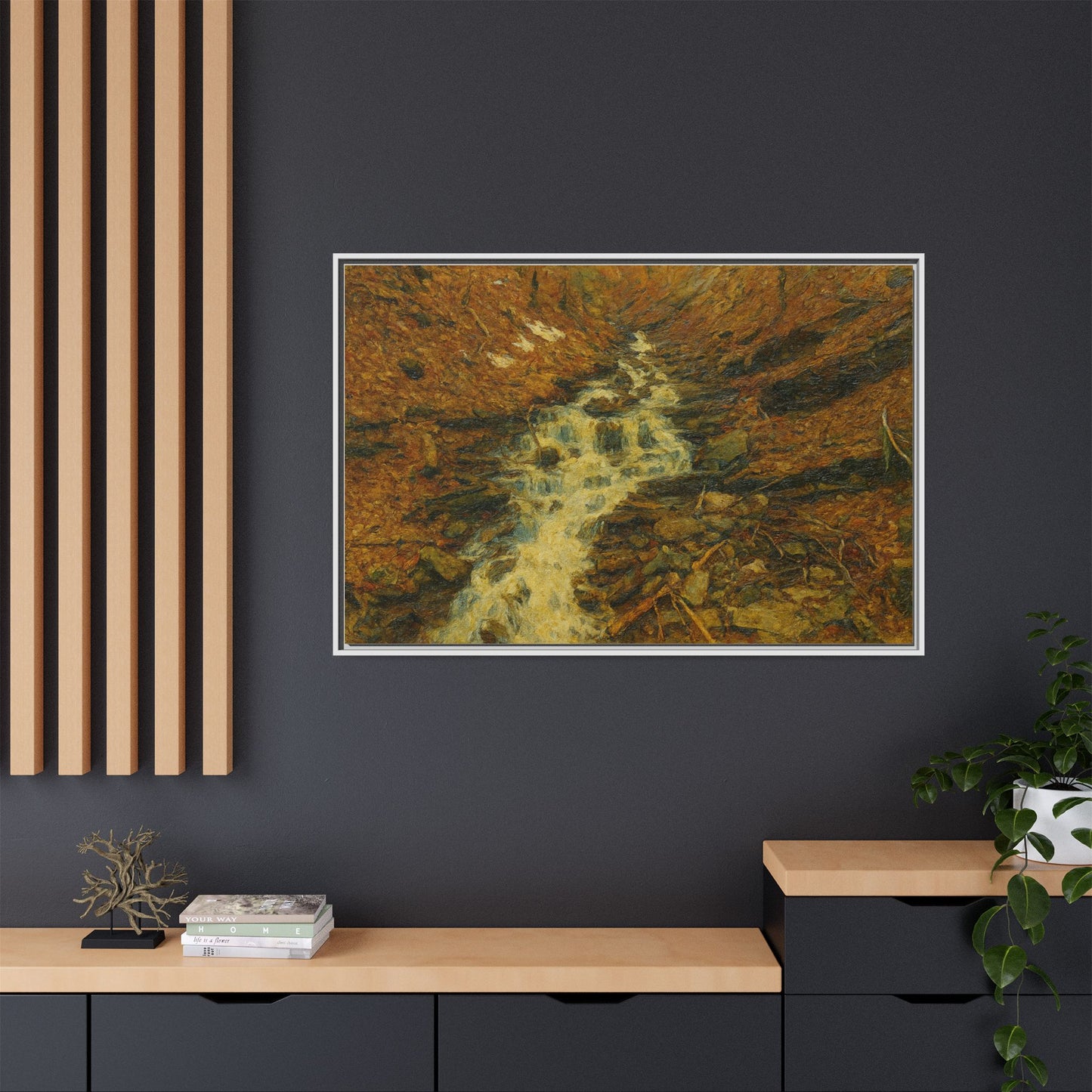 Serene Abstract Nature Canvas Art, Framed Wall Decor, Rustic Home Accent, Earthy Tone Artwork, Tranquil River Scene - TRV