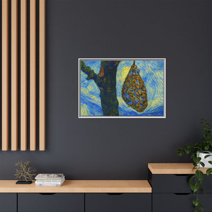 Framed Matte Canvas Art — Van Gogh-Style Swirling Night with Hanging Beehive