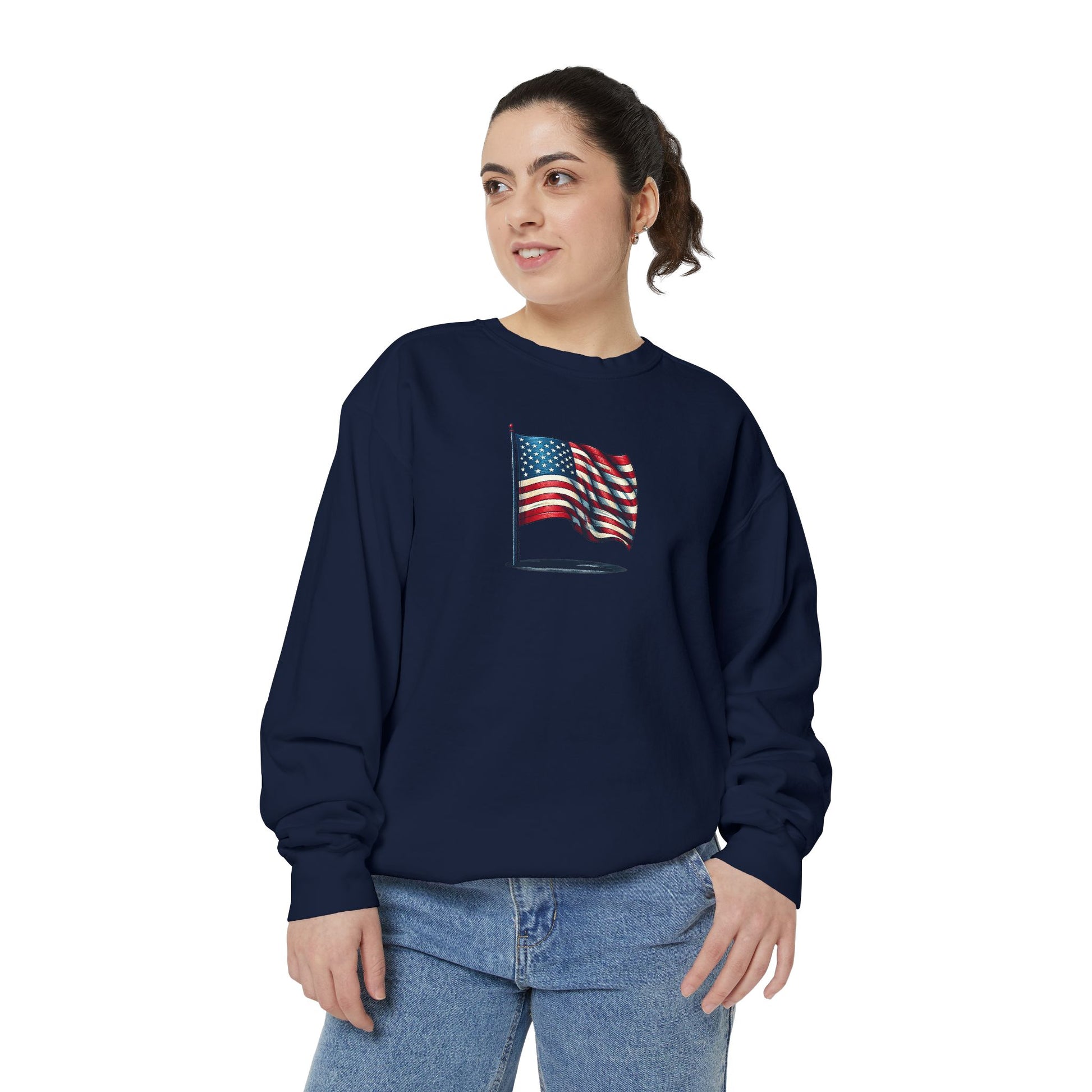 Patriotic Unisex Garment-Dyed Sweatshirt with Vintage American Flag, Cozy Fall Outfit, Statement Sweater, Gift for Veterans, Casual Fashion - TRV