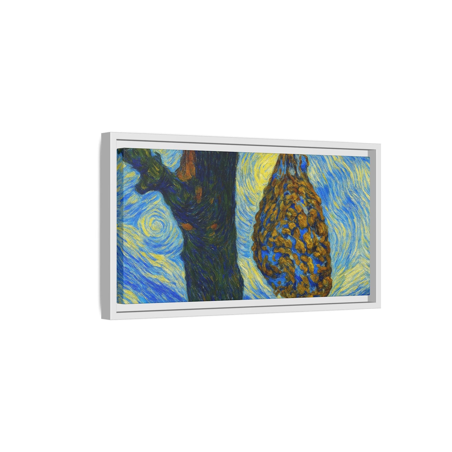 Framed Matte Canvas Art — Van Gogh-Style Swirling Night with Hanging Beehive