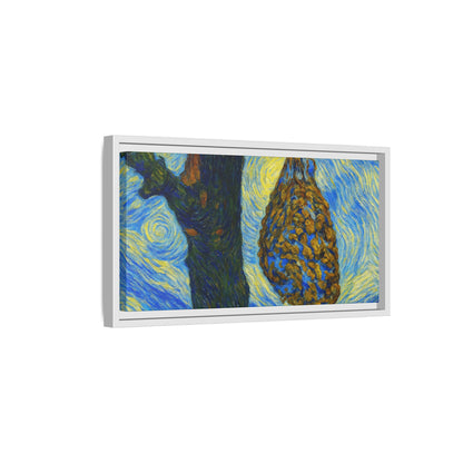 Framed Matte Canvas Art — Van Gogh-Style Swirling Night with Hanging Beehive