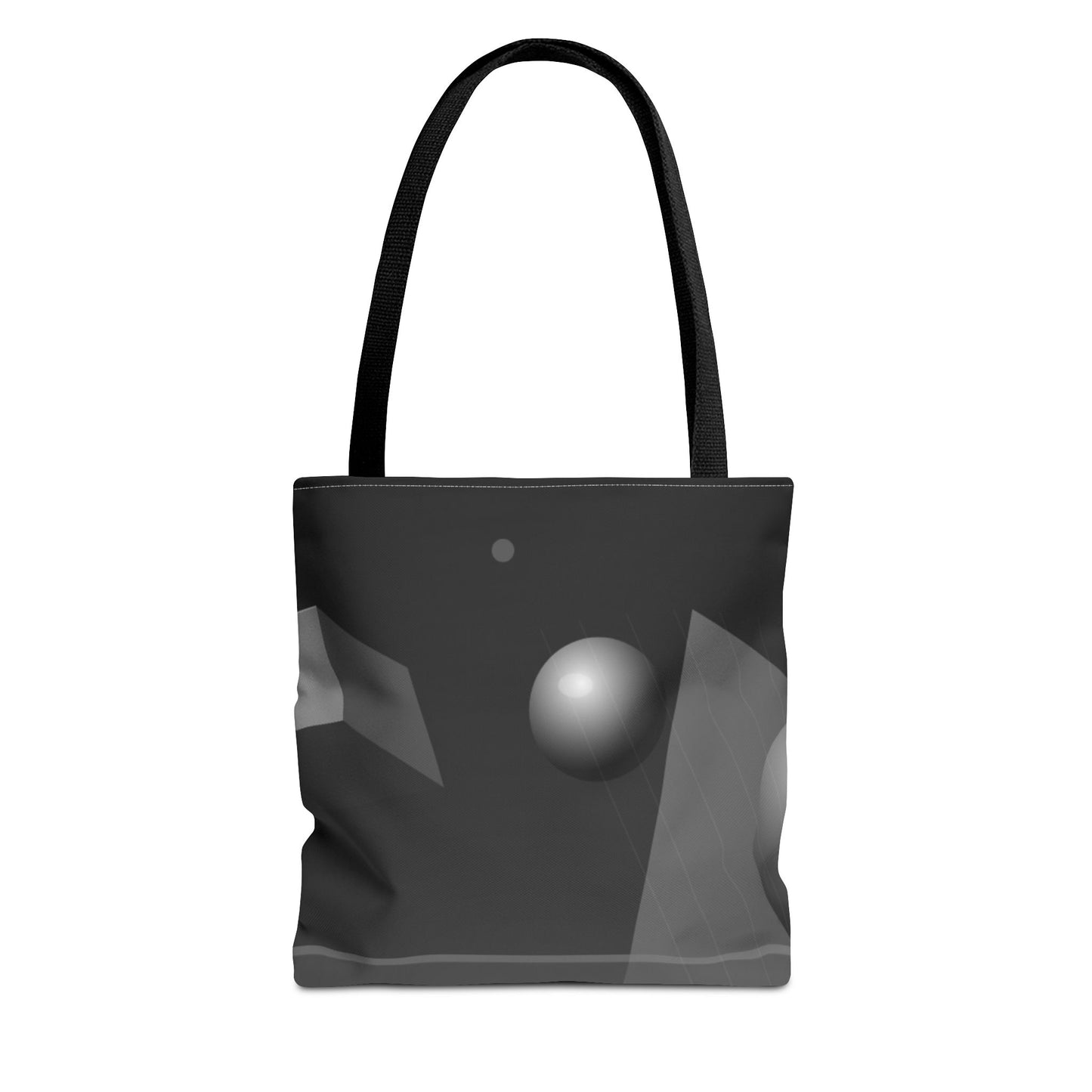 Black and white abstract monochrome orb tote bag with printed design, made by Printify, showing the bag's front view and handles.