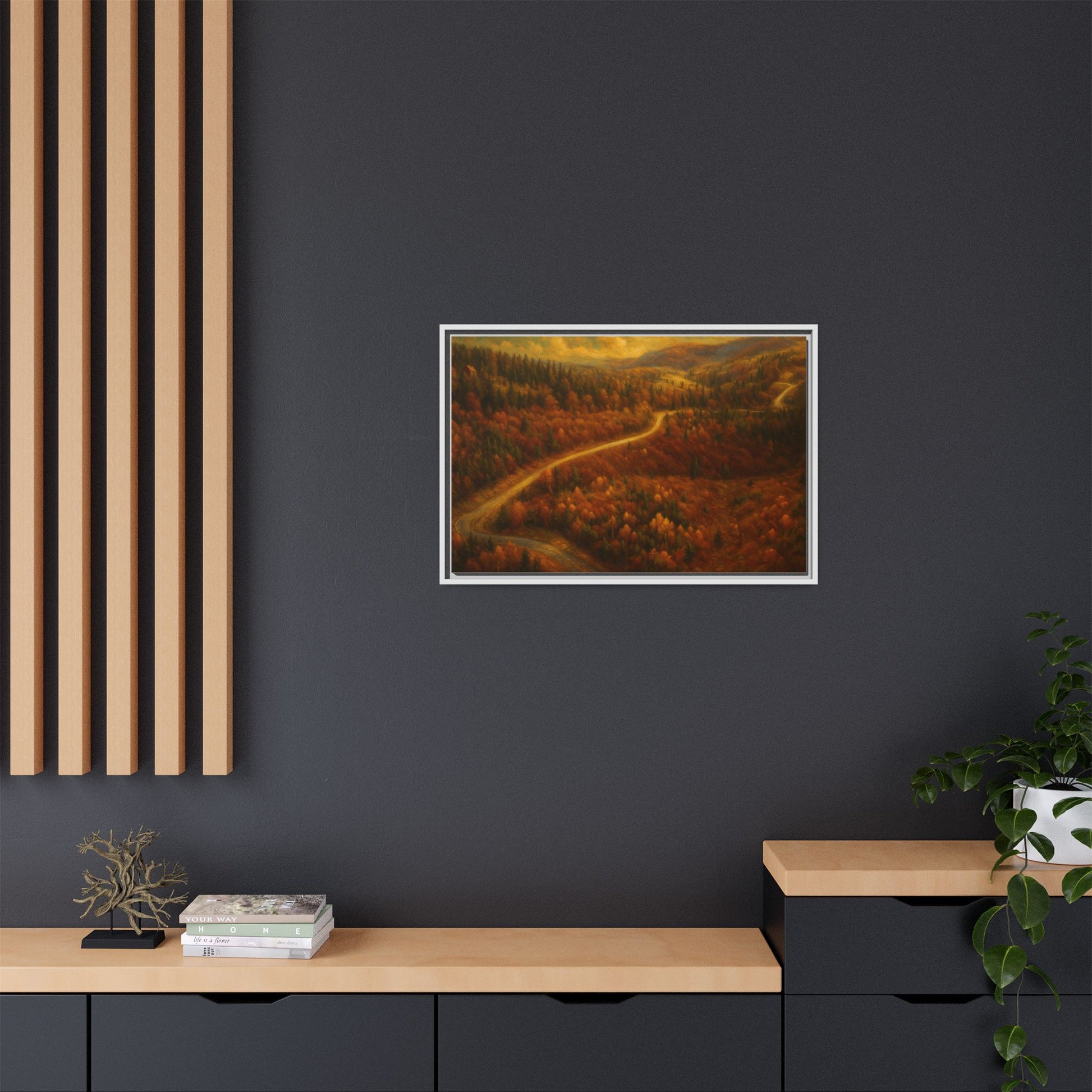 Autumn Landscape Framed Canvas Art, Cozy Home Decor, Warm Fall Vibes, Gift for Nature Lovers, Perfect for Thanksgiving - TRV