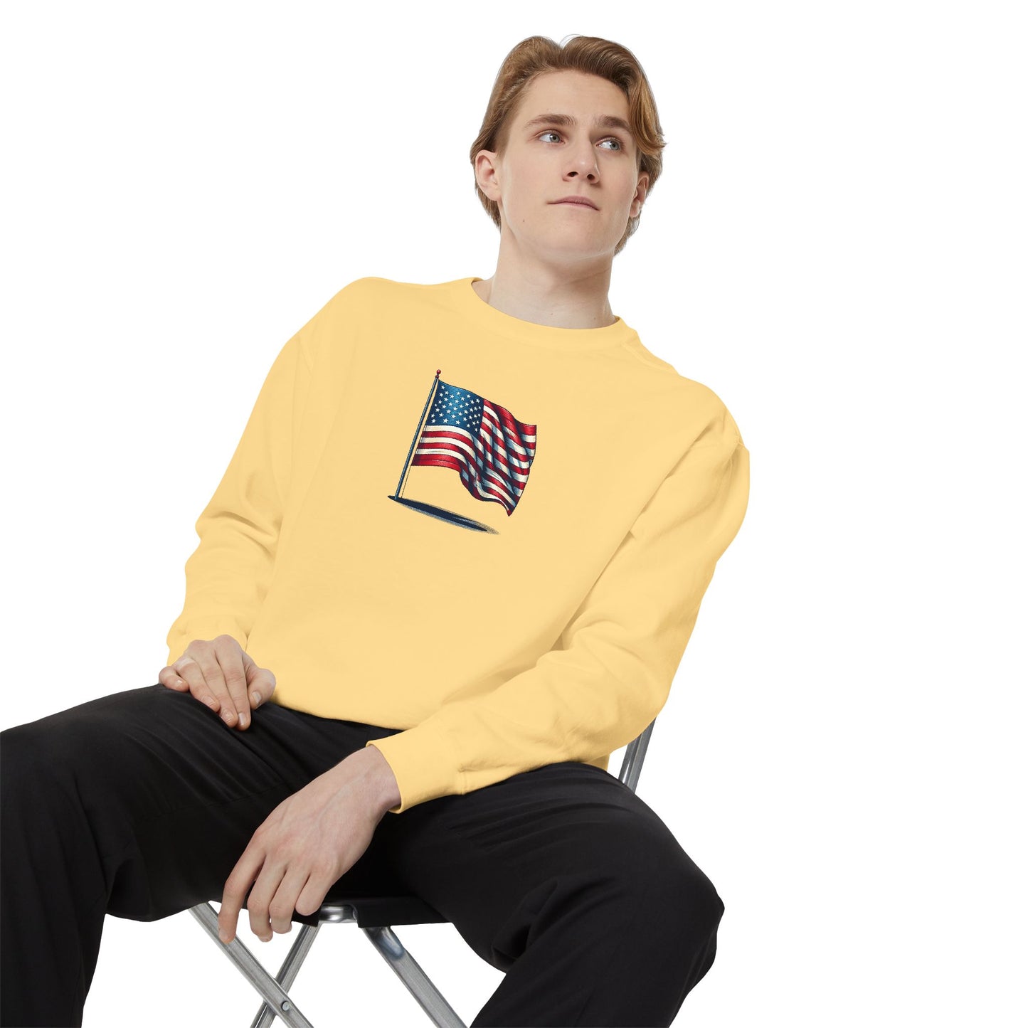 Patriotic Unisex Garment-Dyed Sweatshirt with Vintage American Flag, Cozy Fall Outfit, Statement Sweater, Gift for Veterans, Casual Fashion - TRV