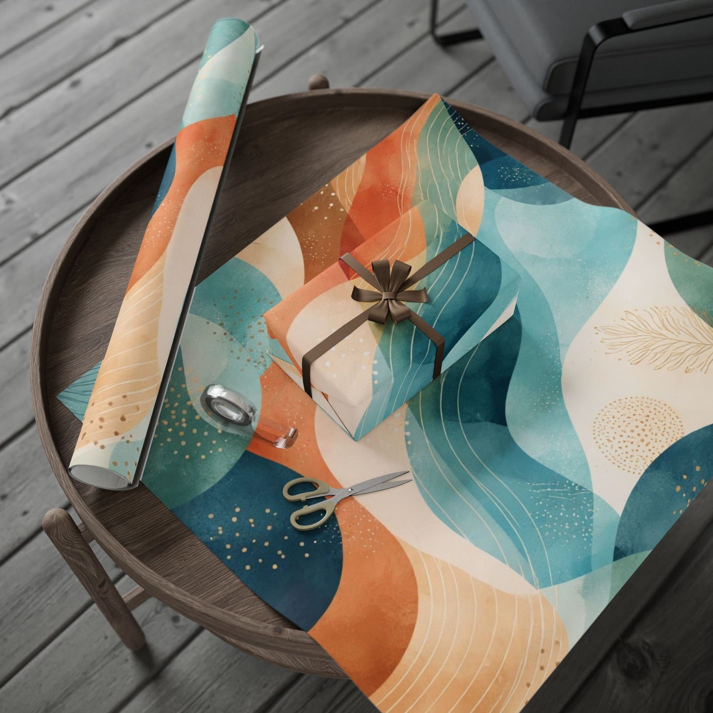 Abstract Wave Wrapping Paper Roll — Teal & Coral Modern Gift Wrap