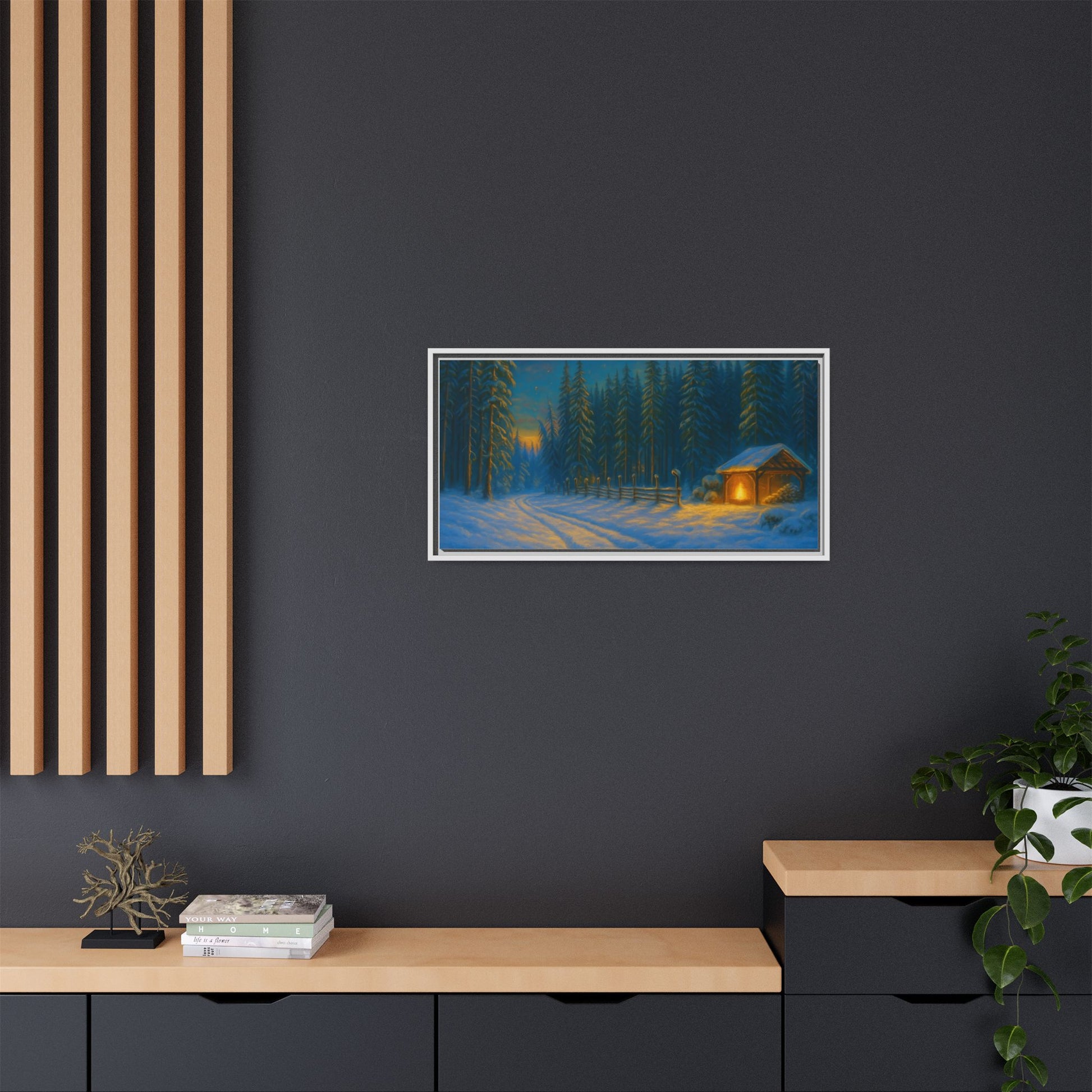Framed Winter Landscape Canvas, Cozy Cabin Art, Christmas Decor, Winter Home Decor, Holiday Gift, Wall Art - TRV