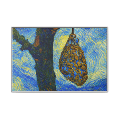 Framed Matte Canvas Art — Van Gogh-Style Swirling Night with Hanging Beehive