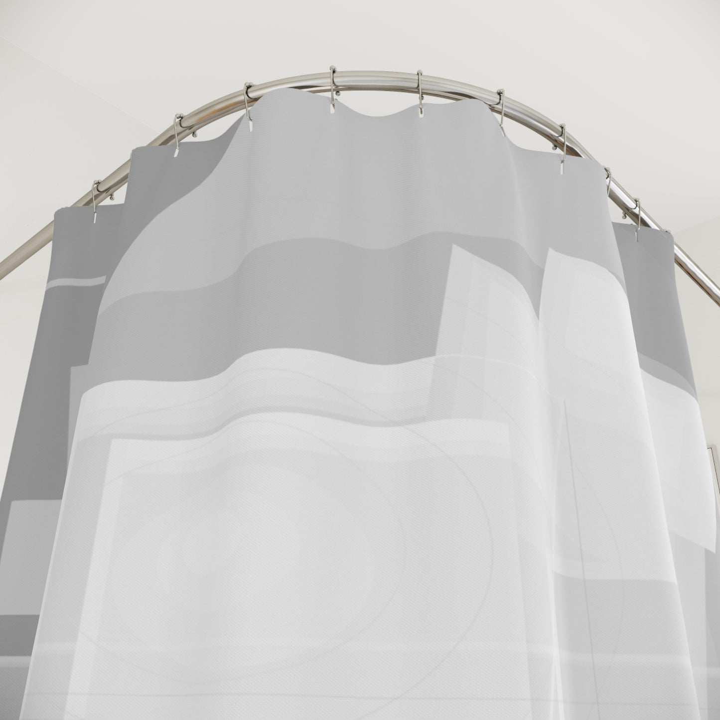 Gray geometric pattern shower curtain by Printify, featuring abstract modern design for minimalist bathroom decor.
