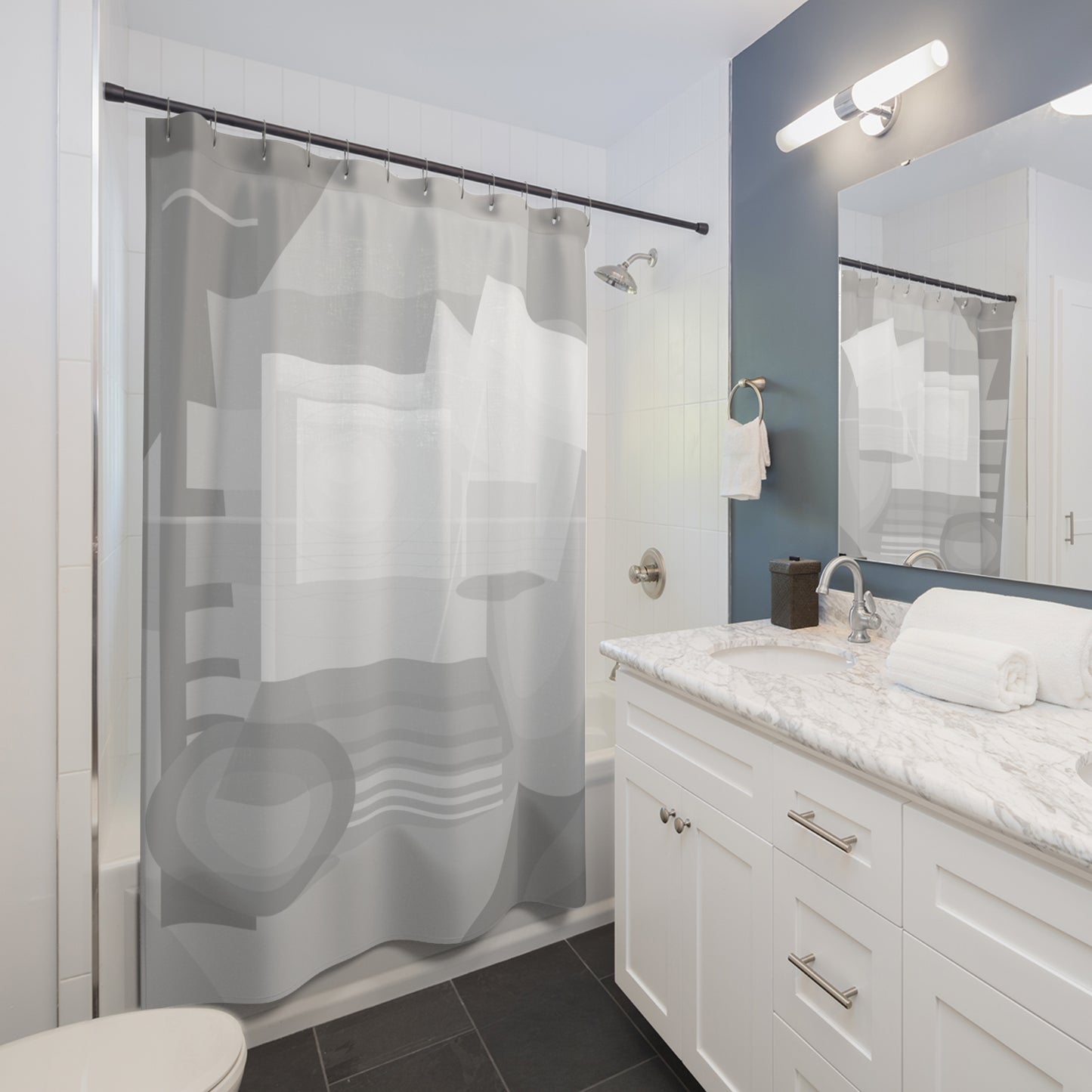 Gray geometric pattern shower curtain by Printify featuring abstract modern design for minimal bathroom decor.