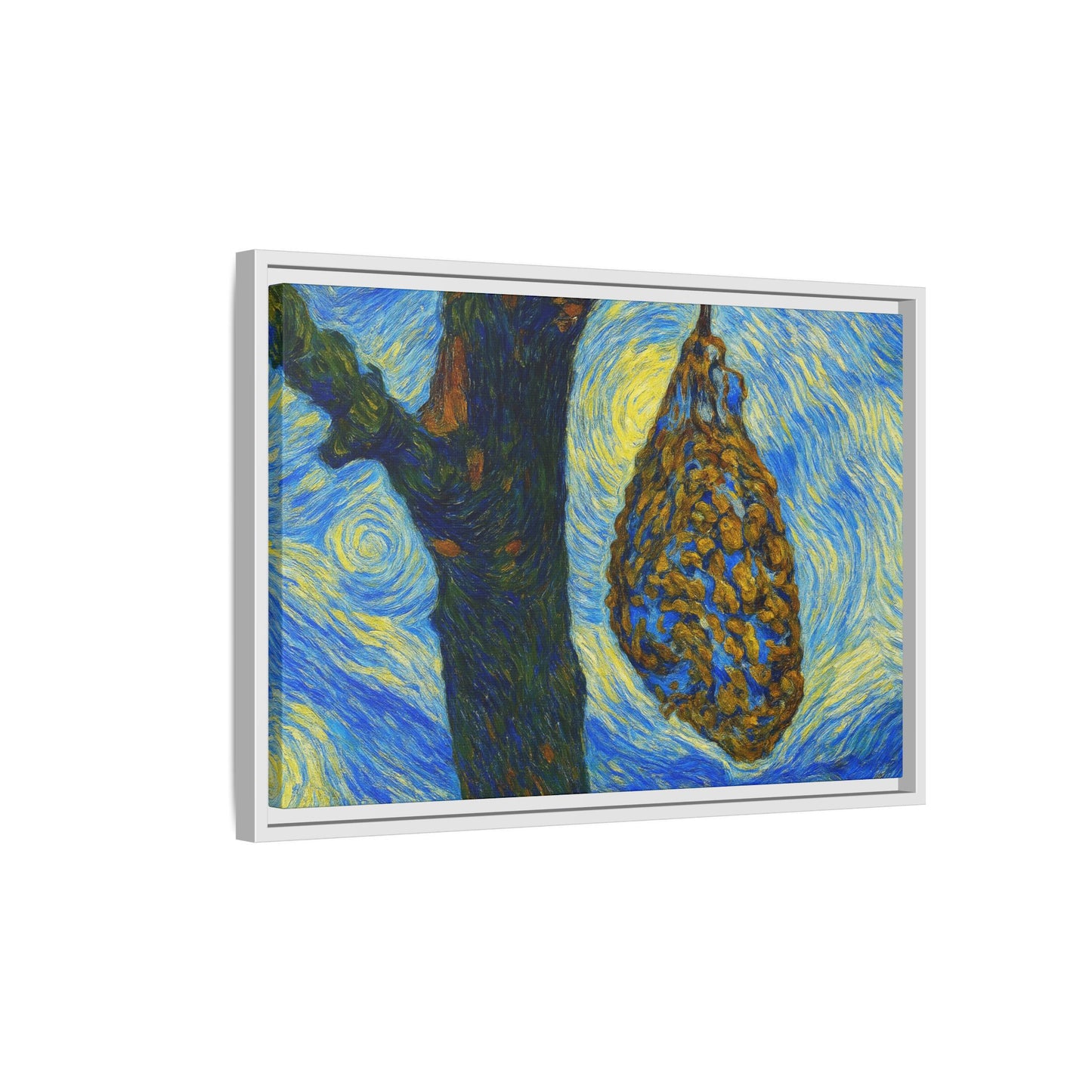 Framed Matte Canvas Art — Van Gogh-Style Swirling Night with Hanging Beehive