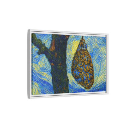 Framed Matte Canvas Art — Van Gogh-Style Swirling Night with Hanging Beehive