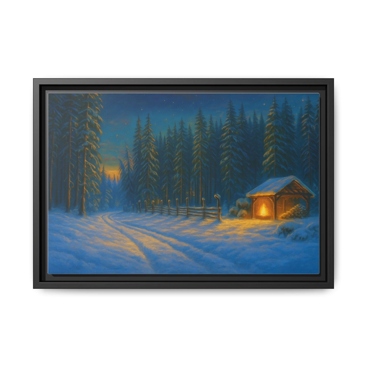 Framed Winter Landscape Canvas, Cozy Cabin Art, Christmas Decor, Winter Home Decor, Holiday Gift, Wall Art - TRV