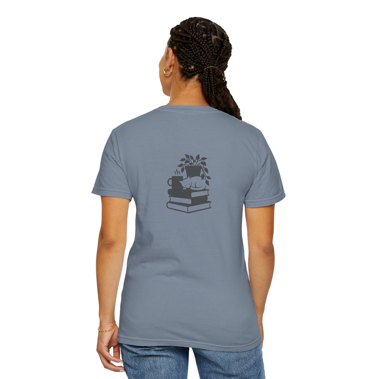 Cozy Cat on Books T-Shirt | Reading Tea Stack Illustration