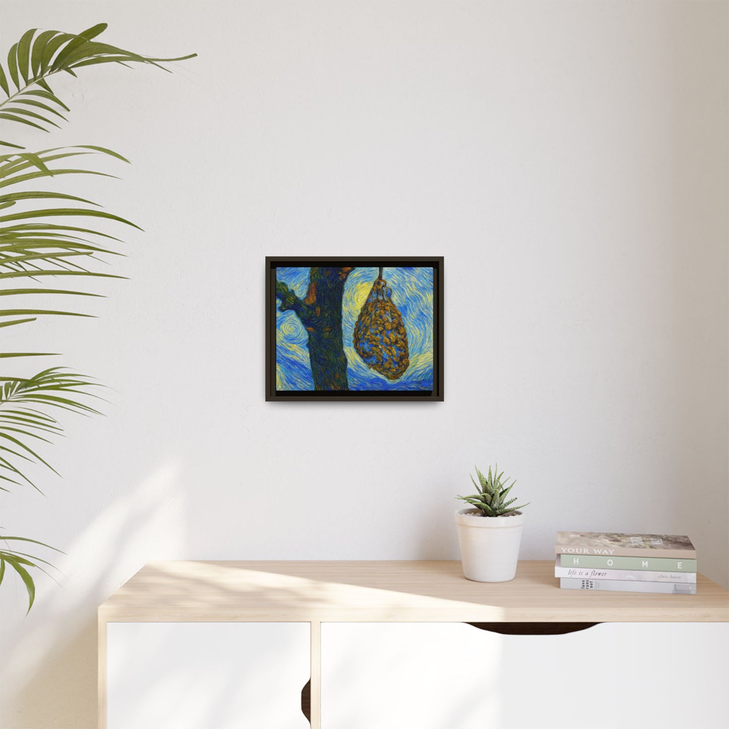 Framed Matte Canvas Art — Van Gogh-Style Swirling Night with Hanging Beehive