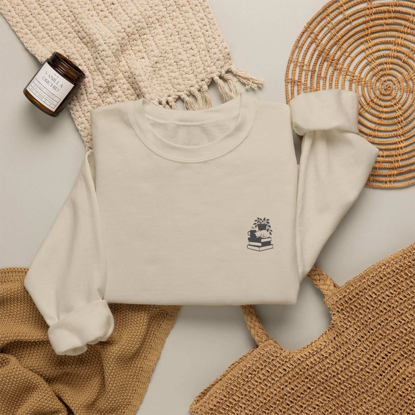 Stack of Books with Mug and Plant Sweatshirt | Cozy Reading Crewneck