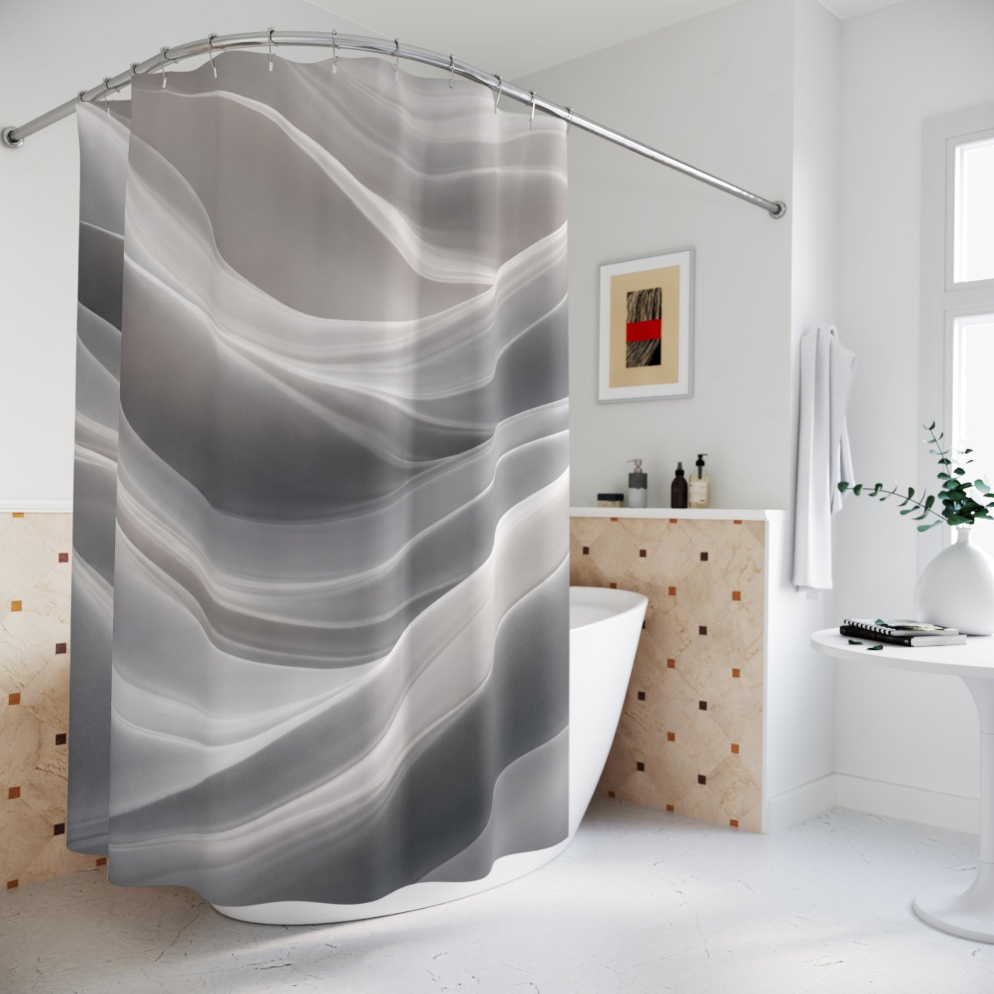 Abstract gray waves shower curtain with soft marble swirl design, ideal for modern bathroom decor by Printify