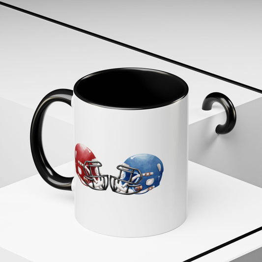 Football Helmet Coffee Mug — Red vs Blue Rivalry Accent Mug (11/15oz)