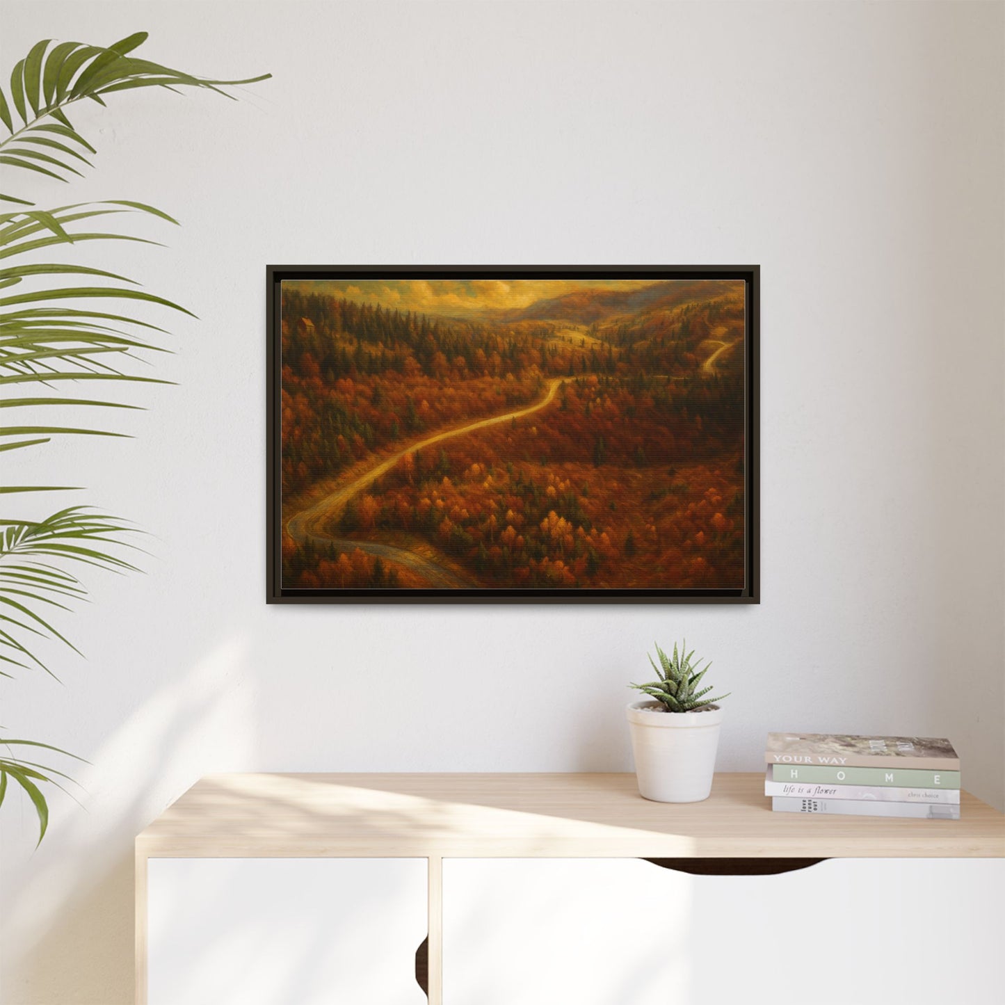 Autumn Landscape Framed Canvas Art, Cozy Home Decor, Warm Fall Vibes, Gift for Nature Lovers, Perfect for Thanksgiving - TRV