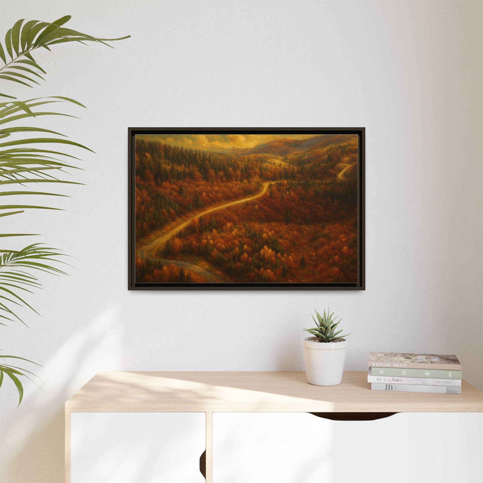 Autumn Landscape Framed Canvas Art, Cozy Home Decor, Warm Fall Vibes, Gift for Nature Lovers, Perfect for Thanksgiving - TRV