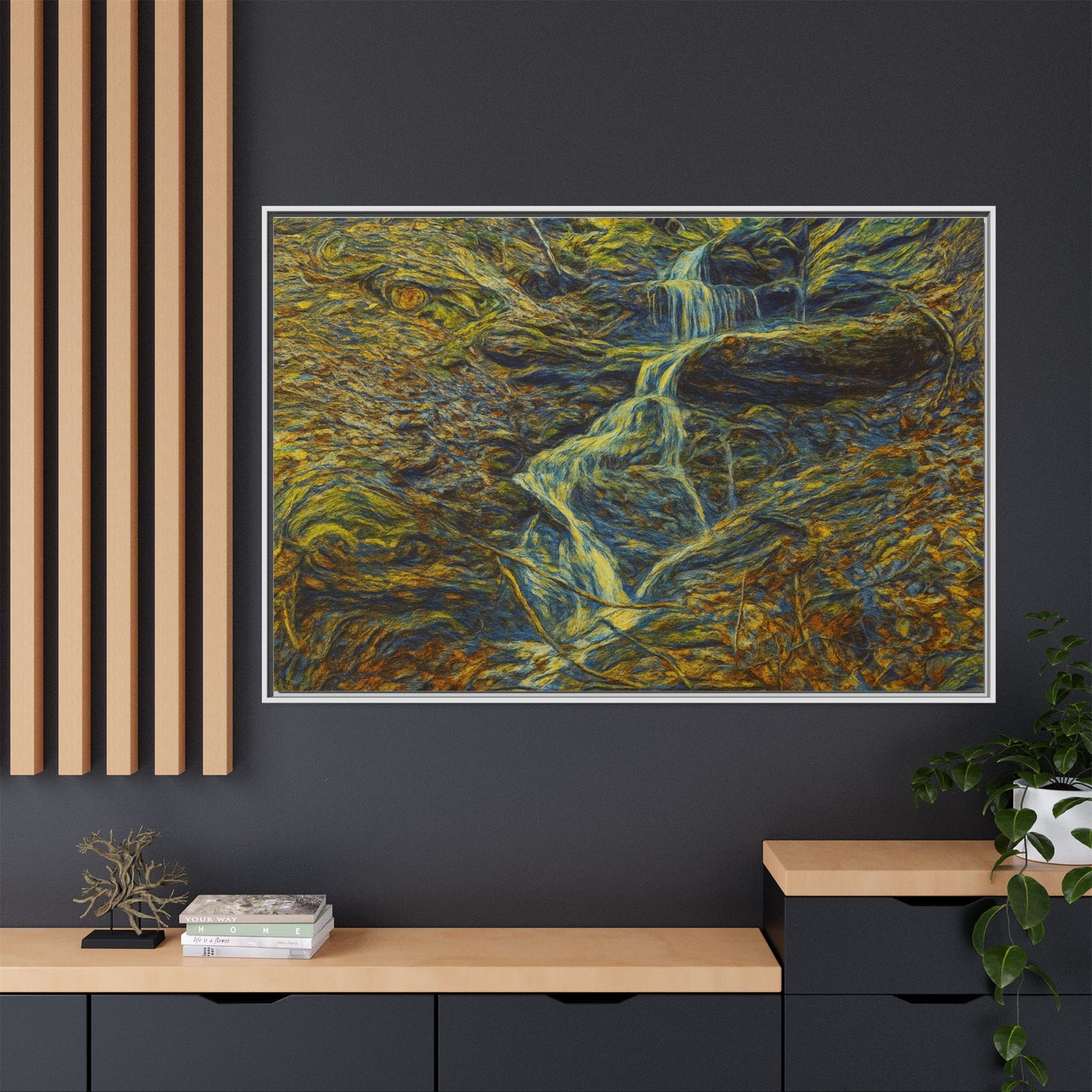 Van Gogh Style Framed Matte Canvas Art Print - Nature-Inspired Wall Decor, Abstract Waterfall Artwork, Home Office Decoration - TRV