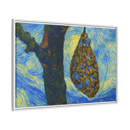 Framed Matte Canvas Art — Van Gogh-Style Swirling Night with Hanging Beehive