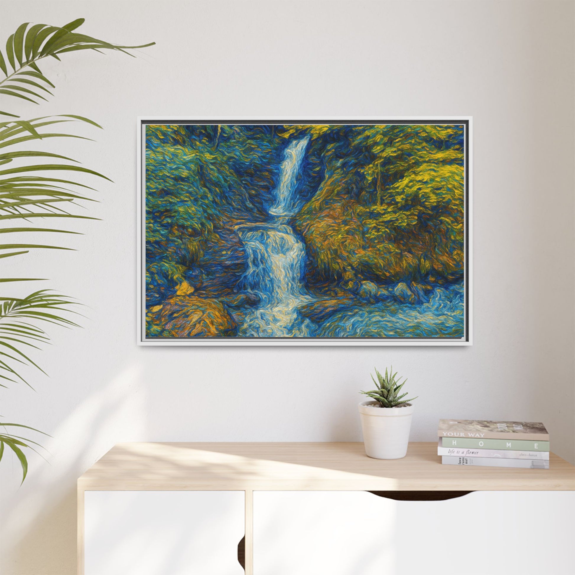 Framed Canvas Art, Majestic Van Gogh Style Waterfall Landscape Wall Decor, Nature Lover Gift, Home Office Artwork, Living Room Decoration - TRV
