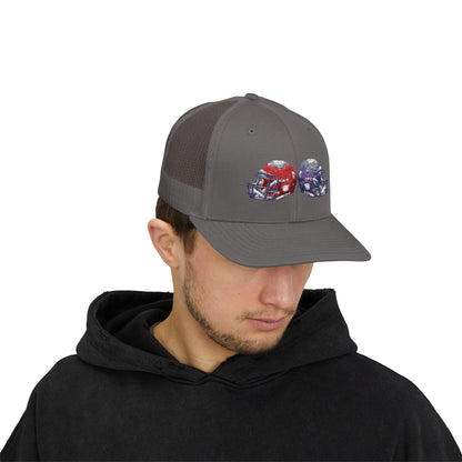 Sporty Snapback Trucker Cap with Football Helmets, Baseball Cap, Outdoor Activity Hat, Gift for Sports Fans, Team Spirit Wear - TRV