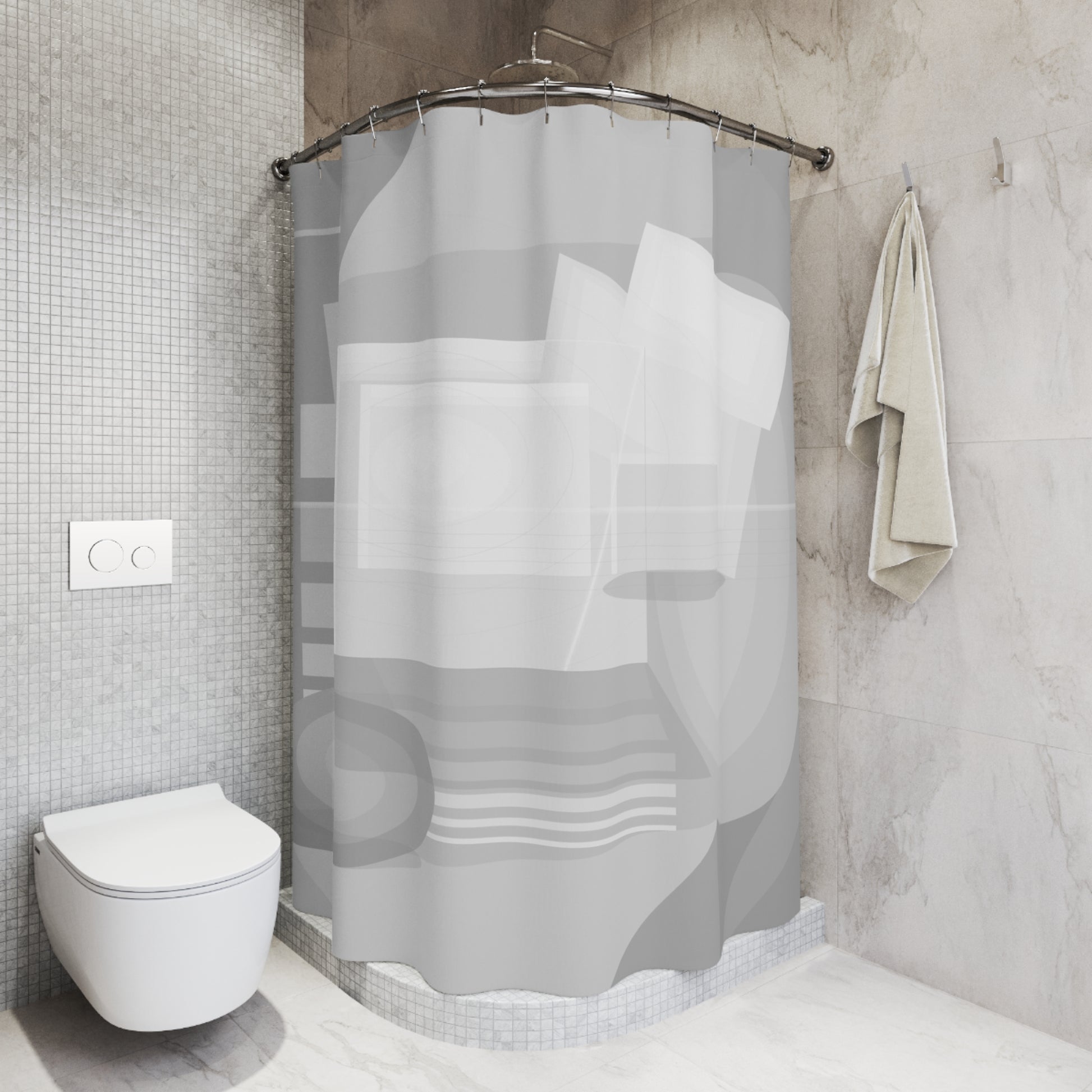 Gray geometric pattern shower curtain with abstract design, ideal for minimal bathroom decor, from Printify.