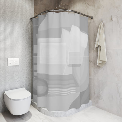 Gray geometric pattern shower curtain with abstract design, ideal for minimal bathroom decor, from Printify.