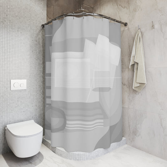 Gray geometric pattern shower curtain with abstract design, ideal for minimal bathroom decor, from Printify.
