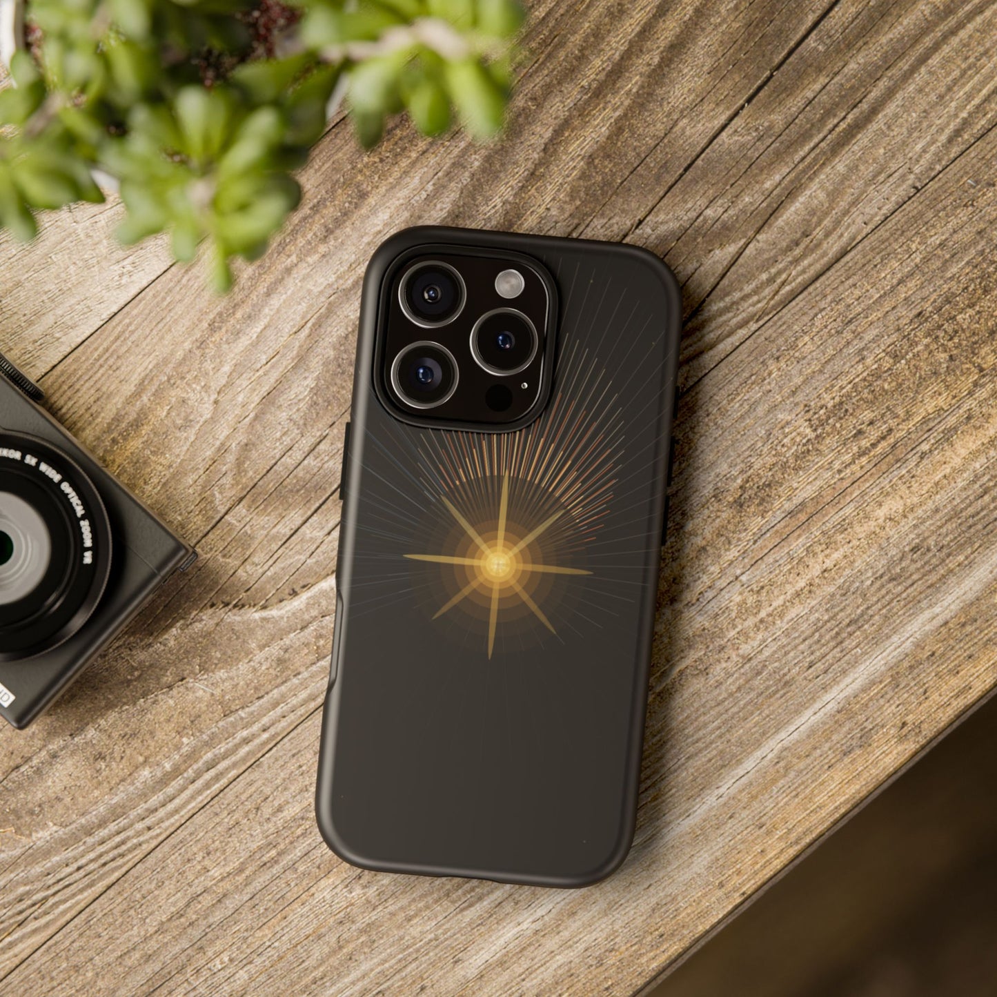 Tough Cases - Radiant Star Phone Case, Protective Black Shockproof Cover with Golden Light Design