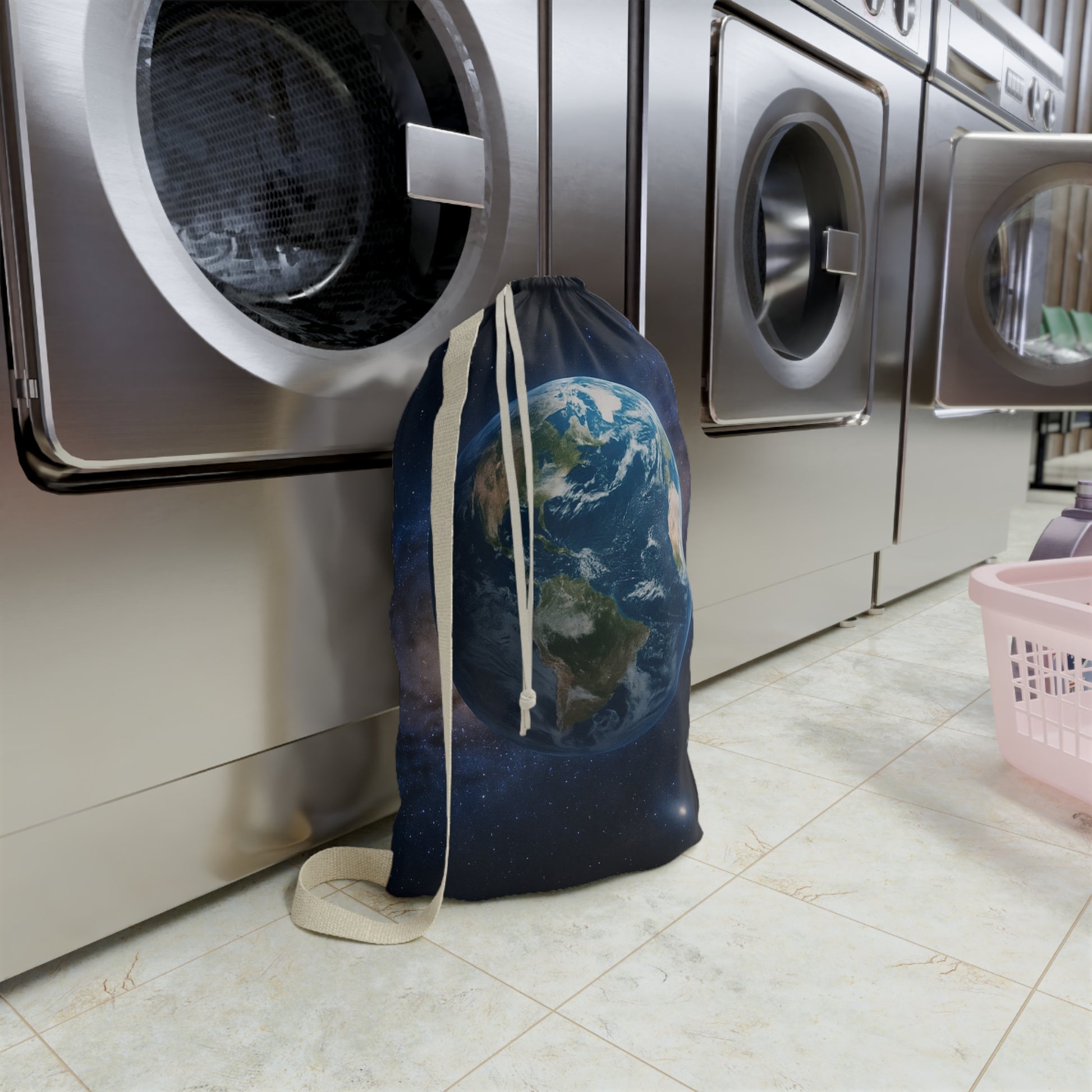 Earth Globe Laundry Bag | Planet Space Print, Drawstring Canvas Pouch - TRV