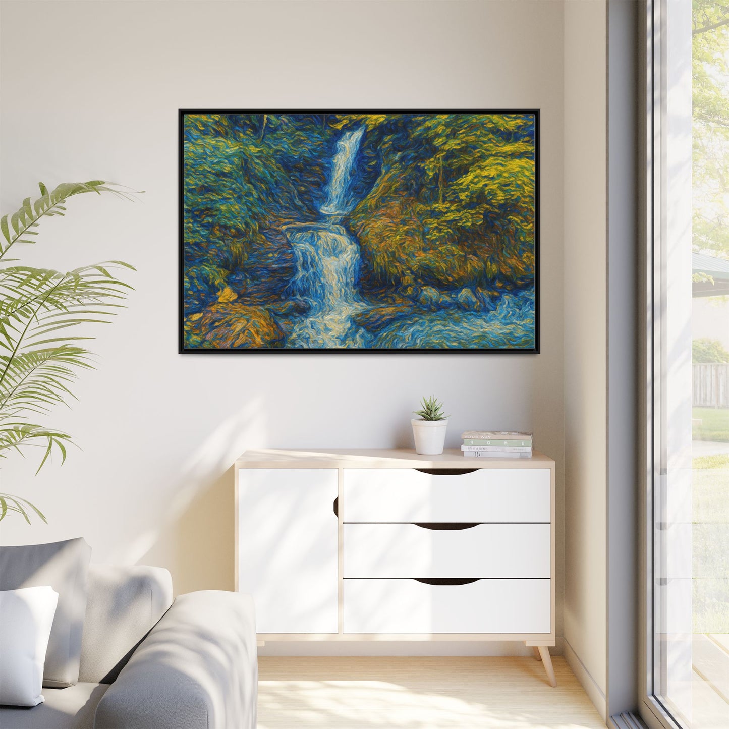 Framed Canvas Art, Majestic Van Gogh Style Waterfall Landscape Wall Decor, Nature Lover Gift, Home Office Artwork, Living Room Decoration - TRV