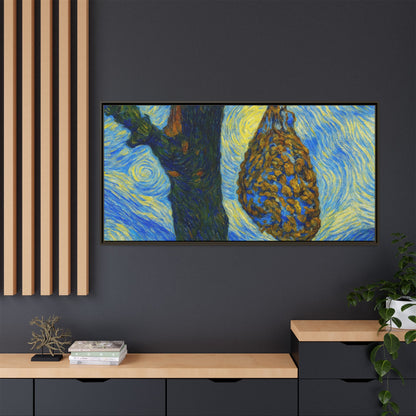 Framed Matte Canvas Art — Van Gogh-Style Swirling Night with Hanging Beehive