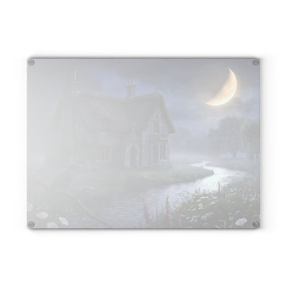 Moonlit Cottage river scene Glass Cutting Board | mystical night landscape
