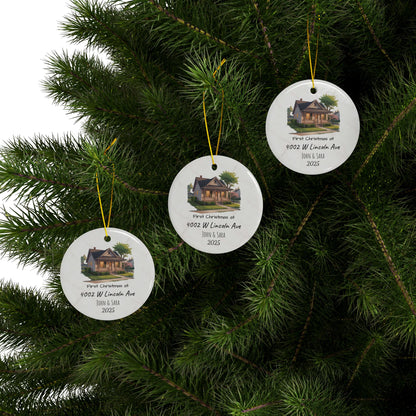 Custom House Illustration Ceramic Ornament | Personalized Address & Names, 2-Side Christmas Ornament - TRV