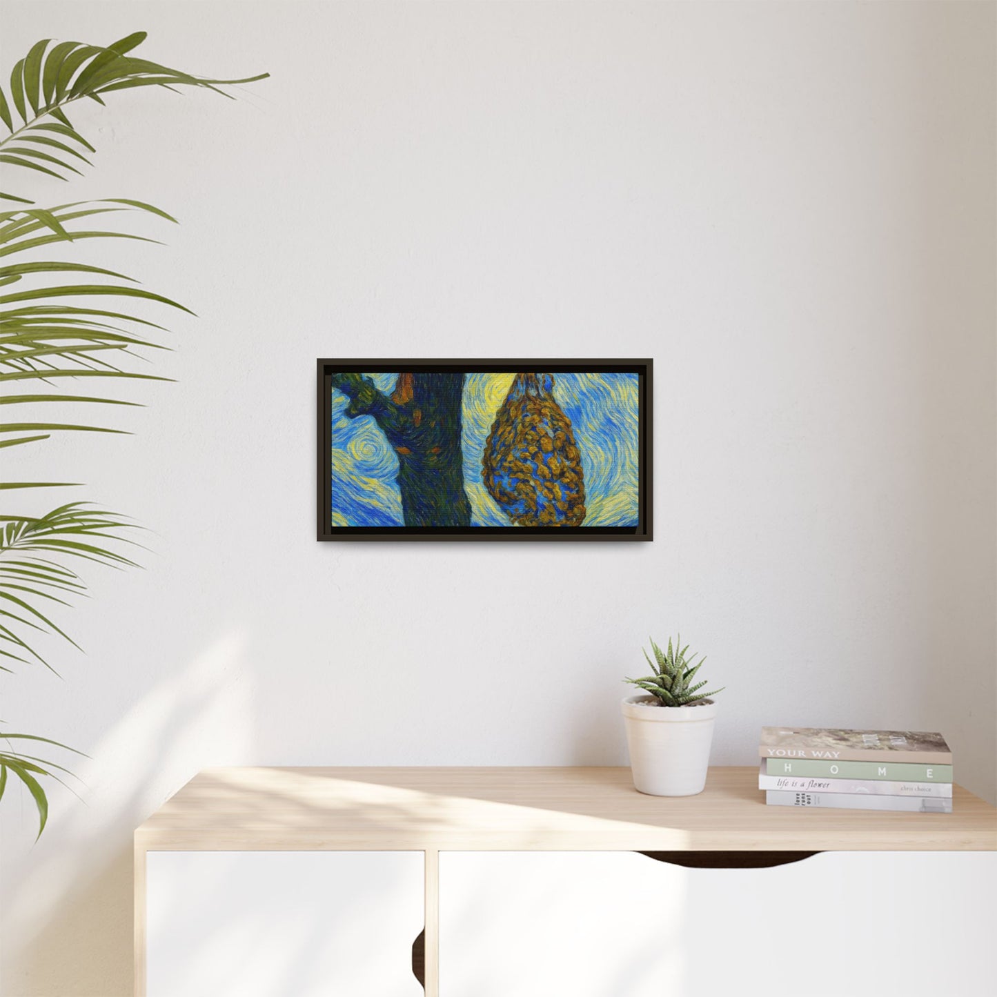 Framed Matte Canvas Art — Van Gogh-Style Swirling Night with Hanging Beehive