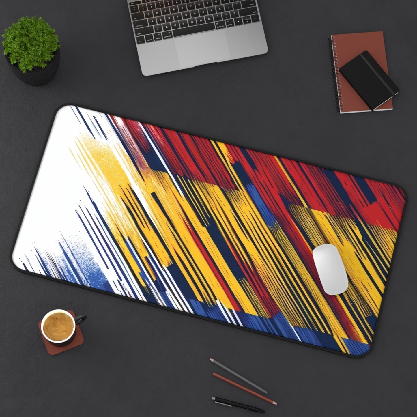 Abstract Flag Brushstroke Desk Mat — Colorful Red, Yellow & Blue Gaming/Office Mousepad