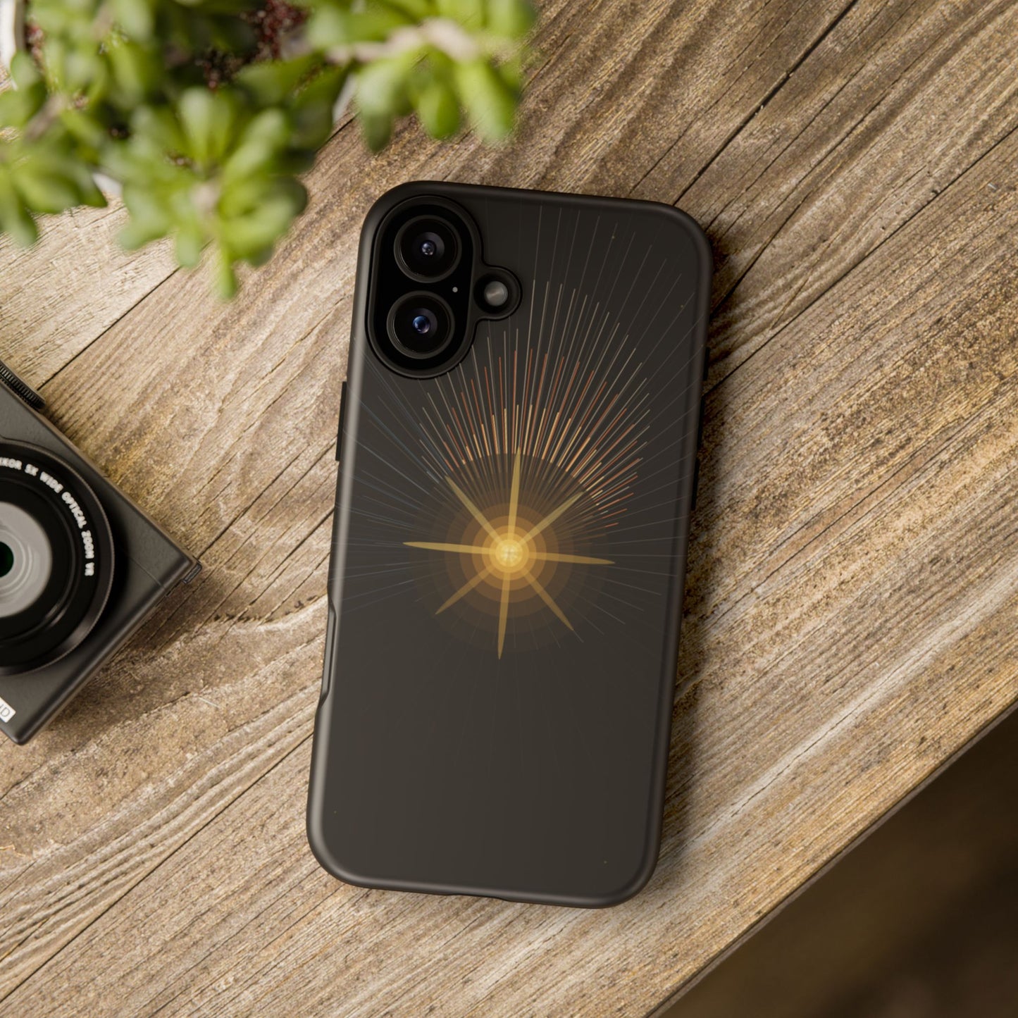 Tough Cases - Radiant Star Phone Case, Protective Black Shockproof Cover with Golden Light Design